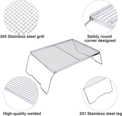 REDCAMP Folding Campfire Grill 304 Stainless Steel Grate, Heavy Duty Portable Camping Grill with Carrying Bag, Silver Large Mesh