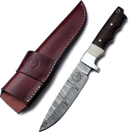 Handmade Damascus Steel Bowie Knife for Hunting, Survival, and Camping,bushcrafting and Fishing - Full Tang Micarta Handle, Fixed Blade with Flat Edge, Cowhide Leather Sheath WKD-794