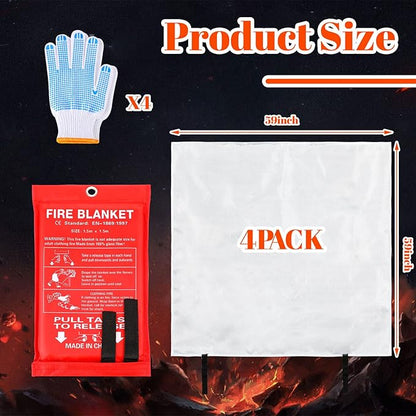 4 Sets Fire Blankets Emergency for Home Kitchen, Large Fiberglass Fire Suppression Blanket with Gloves Flame Retardant Survival Safety Blanket for Fireplace Office Warehouse Car Camping (59 x 59 Inch)
