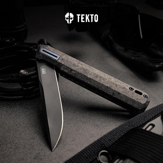 F2 Bravo Folding Pocket Knife - D2 Steel Blade, Ceramic Ball Bearings - EDC - Snap, Swift Flip for Camping, Backpacking - 2.4oz (68g), Forged Carbon Handle, Blue Titanium Accents
