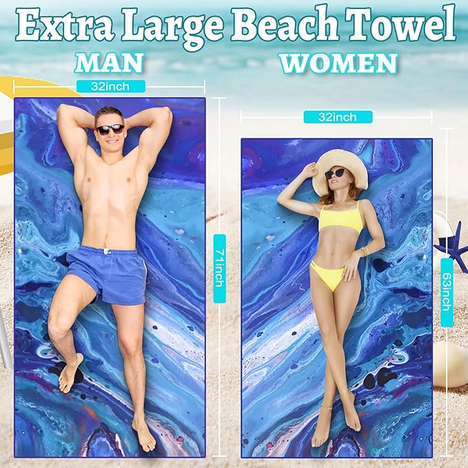 Microfiber Quick Dry Beach Towel – Lightweight Sand Free Oversized X-Large Towel Accessories Travel Must Have Swim Pool Yoga Camping Gear Summer Cruise Ship Compact Sandproof Item Gift Blue River