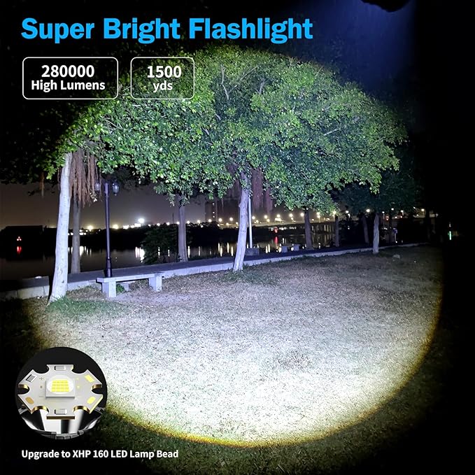 Flashlight High Lumens,280000LM LED Flashlight,XHP160.6 Super Bright Tactical Flashlight,COB Light,5000 mAh Rechargeable Battery, Digital Battery Display, IPX5 Waterproof,USB-C Charging