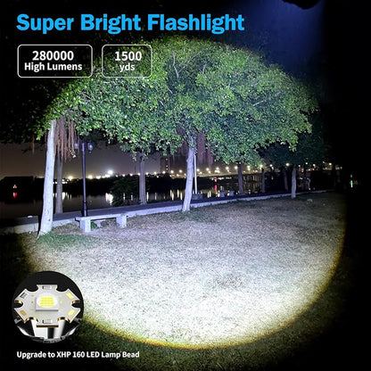Flashlight High Lumens,280000LM LED Flashlight,XHP160.6 Super Bright Tactical Flashlight,COB Light,5000 mAh Rechargeable Battery, Digital Battery Display, IPX5 Waterproof,USB-C Charging