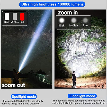 Led Rechargeable Flashlight 100000 High Lumens,Super Bright XHP160 Type-C Fast Charging Flashlights,9 Modes with COB Work Light,Zoomable IPX67 Powerful Flash Light for Emergencies,Hiking,Camping