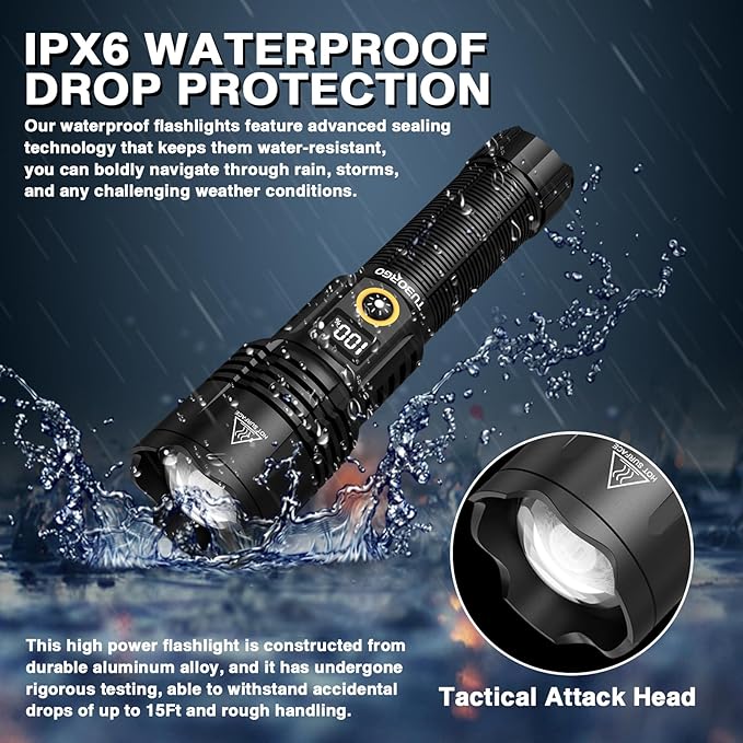 Rechargeable Flashlights High lumens, 900000LM Super Bright LED Tactical Flashlight, Zoomable, IPX6 Waterproof, 6 Modes, Powerful Handheld Flash Light for Emergencies, Camping, Hiking