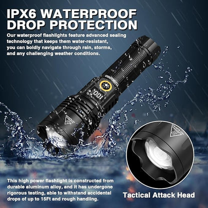 Rechargeable Flashlights High lumens, 900000LM Super Bright LED Tactical Flashlight, Zoomable, IPX6 Waterproof, 6 Modes, Powerful Handheld Flash Light for Emergencies, Camping, Hiking
