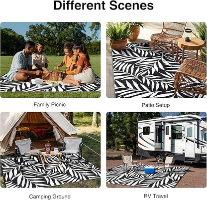 OLANLY Waterproof Outdoor Rug 8x10 ft, Reversible Outdoor Plastic Straw Rug with Leaf Pattern, RV Mat, Indoor Outdoor Carpet for Patio, Camping, Balcony, Deck, Backyard, Black & White