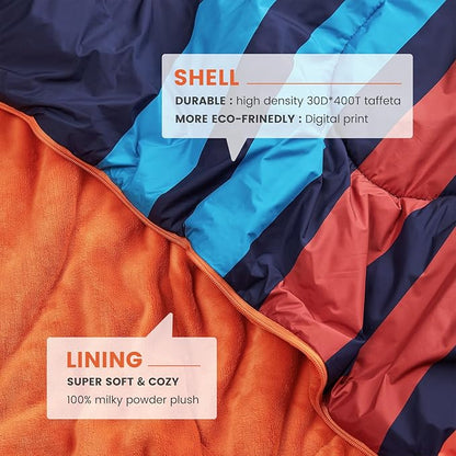 Cozy Bliss Puffy Camping Blanket Beach Mat Sleeping Bag 3 in 1 Multi Use, Packable Outdoor Blankets Warm Lightweight Down Alternative Filled 63"x78" for Travel Picnic Stadium Concerts