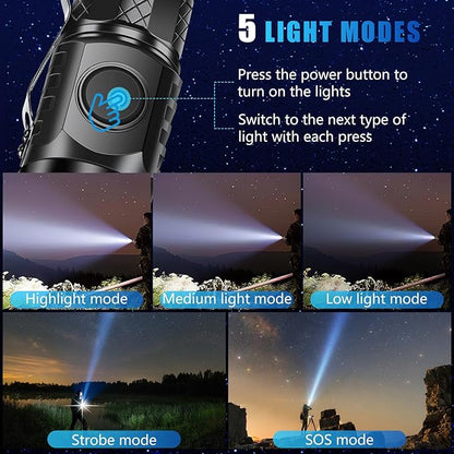 2 Pcs Mini Flashlight Rechargeable, Pocket Flashlight Super Bright 5 Modes, Powerful Mini Flashlight Portable Small LED Flashlight for Camping Outdoor