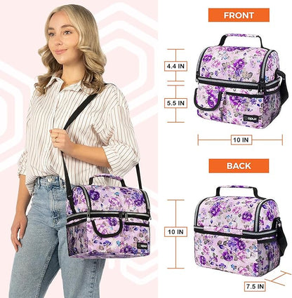 opux Lunch Bag Women Insulated, Adult Lunch Box Cooler, Flower Lunch Box, Dual Compartment Lunchbox for Work, Leakproof Double Decker Lunch Bag, Soft Lunch Pail Tote Girls Kids School, Floral Purple