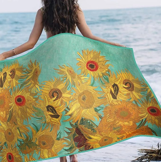 Large Oversized Microfiber Beach Towel - 40x63 Inches, Sand-Free, Quick-Drying, Ultra-Soft, Ideal for Travel, Pool, Yoga, and Camping - Includes Matching Drawstring Travel Pouch, van Gogh Sunflowers
