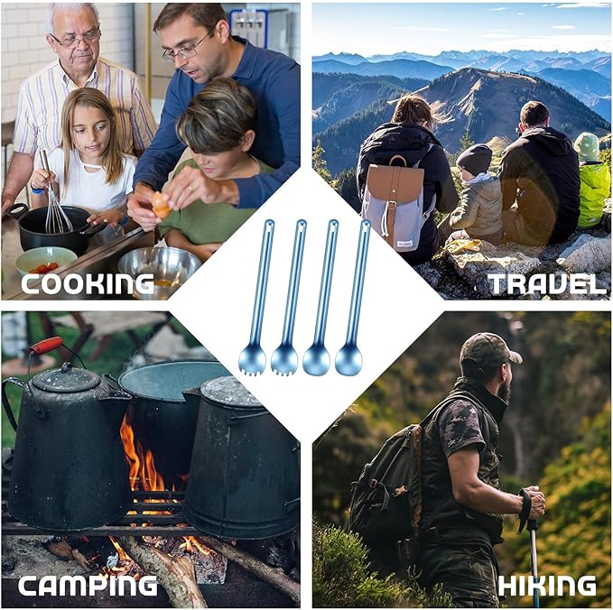 4 Pieces Titanium Long Handle Spork and Spoon 8.4 Inch Ultralight Portable Flatware Lightweight Soup Spoon Camping Spork Utensil for Outdoor Camping Backpacking Hiking Travel Picnic (Blue)