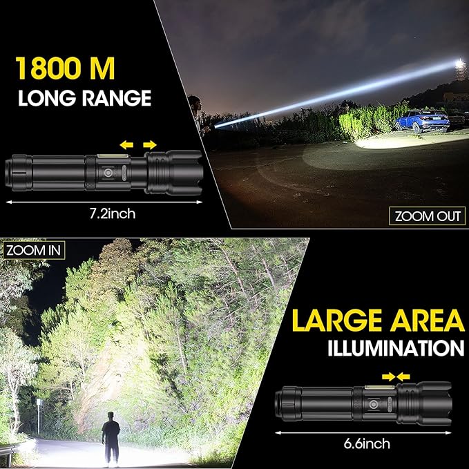 Flashlight High Lumens, Rechargeable Super Bright 30000 Lumen LED Tactical Flashlights 1800M Long Throw Spotlight with Cob Side Light,Zoomable, Waterproof Flashlight for Home Emergency Camping Search