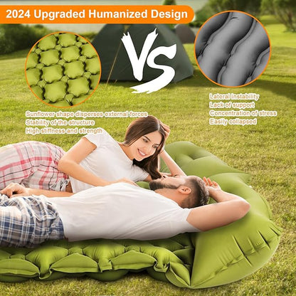 Double Sleeping Pad, Ultralight 4" Extra-Thick Self Inflating Sleeping Mat for 2 Person with Pillow Built-in Foot Pump Portable Camping Mat for Backpacking, Hiking, Traveling (Double Army yellow)