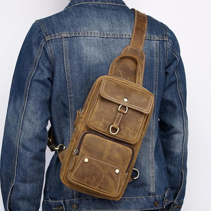 KPYWZER Sling Bag Men Women Vintage Full Grain Genuine Leather Shoulder Backpack Satchel Chest Casual Daypack Crossbody Outdoor Day Pack Backpacks Brown
