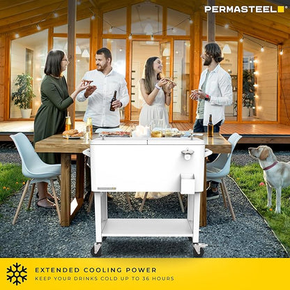 Permasteel 80-Qt Outdoor Patio Cooler with Removable Basin, Outside Beverage Cooler Cart, Rolling Cooler with Wheels and Handles, White