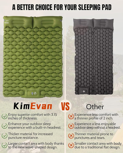 Double Sleeping Pad for Camping, 3.15'' Extra-Thick Inflatable Camping Pad 2 Person, Sleeping Mat Built-in Foot Pump & Pillow, Portable Camping Mattress for Backpacking, Hiking, Car Traveling