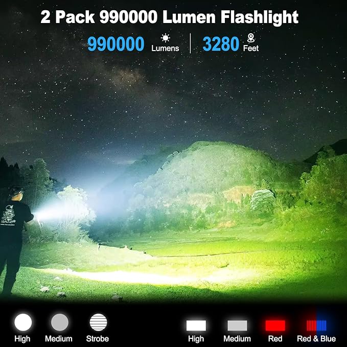 Rechargeable Flashlights 990,000 High Lumen - 2 Pack, Super Bright LED Flash Light with 7 Modes, 5000 mAh High Capacity ΒATTERIES - 12 Hour Runtime, IPX7 Waterproof Flashlight For Outdoor Camping