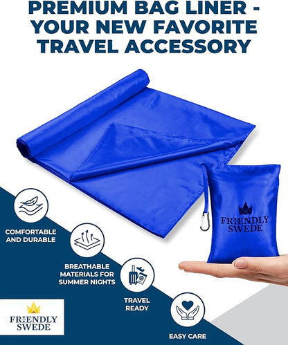 The Friendly Swede Sleeping Bag Liner Ultralight - Thin Travel Sheets for Hotel; Silky Feel Camping Sheets & Adult Sleep Sack for Backpacking and Hiking; Travel Sleeping Bag - Blue (Velcro)