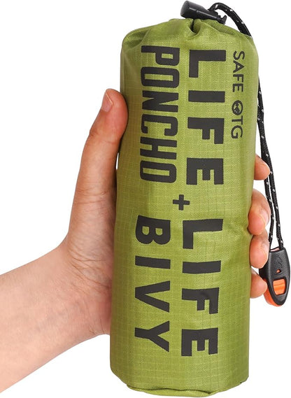 Emergency Rain Poncho & Sleeping Bag Set of 2 Green Thermal Mylar Space Blanket Sack Survival Kit for Car Activities Hiking Camping Gear Equipment
