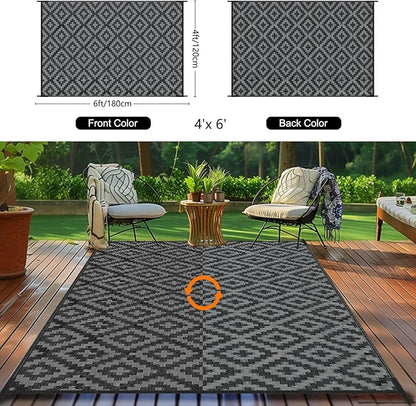 Outdoor Patio Plastic Straw Rug - 4'x6' Outdoor Camping Rug Waterproof Reversible, Area Carpet Patios Clearance RV, Outside Porch Balcony Deck for Camper, Black & Grey