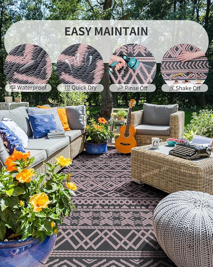 MontVoo Outdoor Rug Carpet Waterproof 5x8 Outdoor Patio Rug Mat Reverisble Plastic Straw Outdoor Rug for RV Camping Picnic Beach Balcony Boho Pink Grey