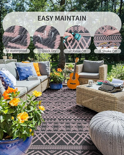 MontVoo Outdoor Rug Carpet Waterproof 5x8 Outdoor Patio Rug Mat Reverisble Plastic Straw Outdoor Rug for RV Camping Picnic Beach Balcony Boho Pink Grey