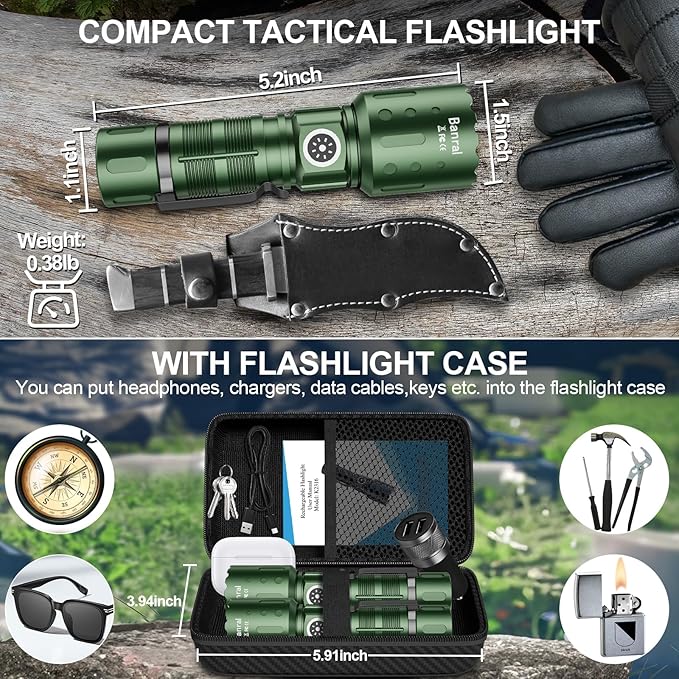 Flashlights High Lumens Rechargeable, 20,000 Lumens Super Bright 1500 Meters Long Range Small Powerful Flashlight, 6 Modes LED Tactical Pocket Waterproof Flash Light for Home Emergency (2, Green)
