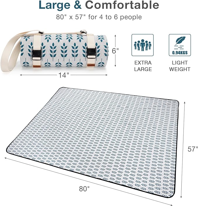 Picnic Blankets Washable | Beach Mat Sand Free Waterproof | Camping Blankets | Emergency Blankets | Picnic Baskets Accessories with Waterproof Backing and Shoulder Strap - BlueLeaf