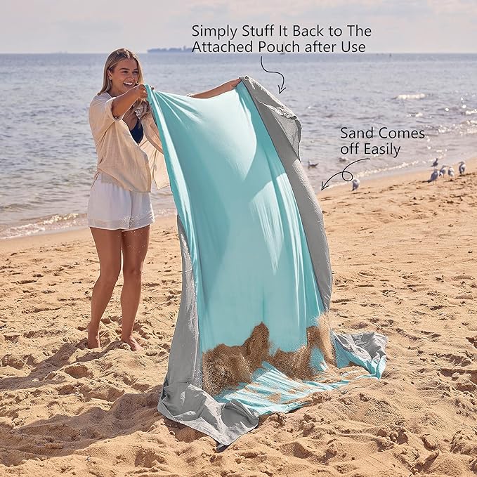 WEKAPO Beach Blanket Sandproof, Extra Large Beach Mat, Big & Compact Sand Free Mat Quick Drying, Lightweight & Durable with 6 Stakes & 4 Corner Pockets