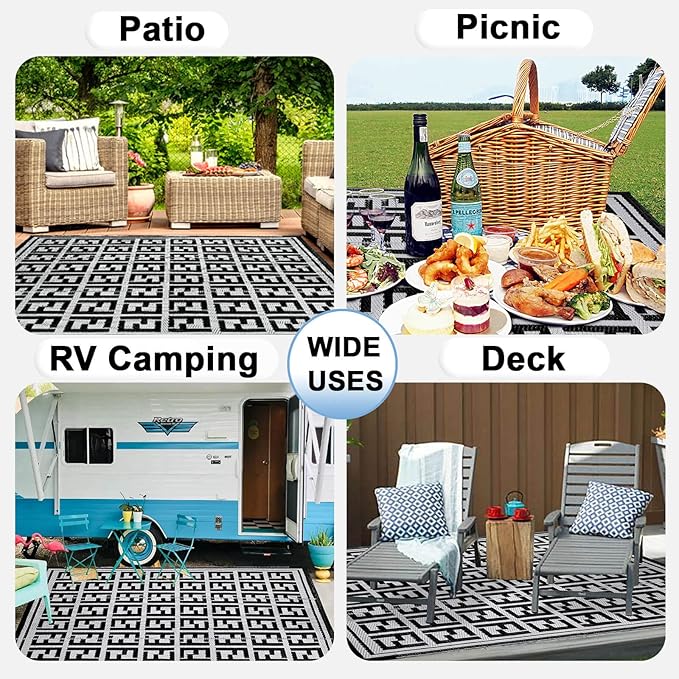 OutdoorLines Outdoor Plastic Area Rugs for Patio 5x8 ft - Reversible Outside Carpet, Stain & UV Resistant RV Mats, Straw Rug for Camping, Deck Garden, Porch and Balcony, Geometry Black & Light Grey