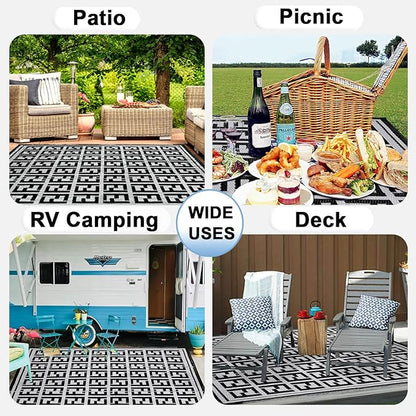 OutdoorLines Outdoor Plastic Area Rugs for Patio 4x6 ft - Reversible Outside Carpet, Stain & UV Resistant RV Mats, Straw Rug for Camping, Deck Garden, Porch and Balcony, Geometry Black & Light Grey