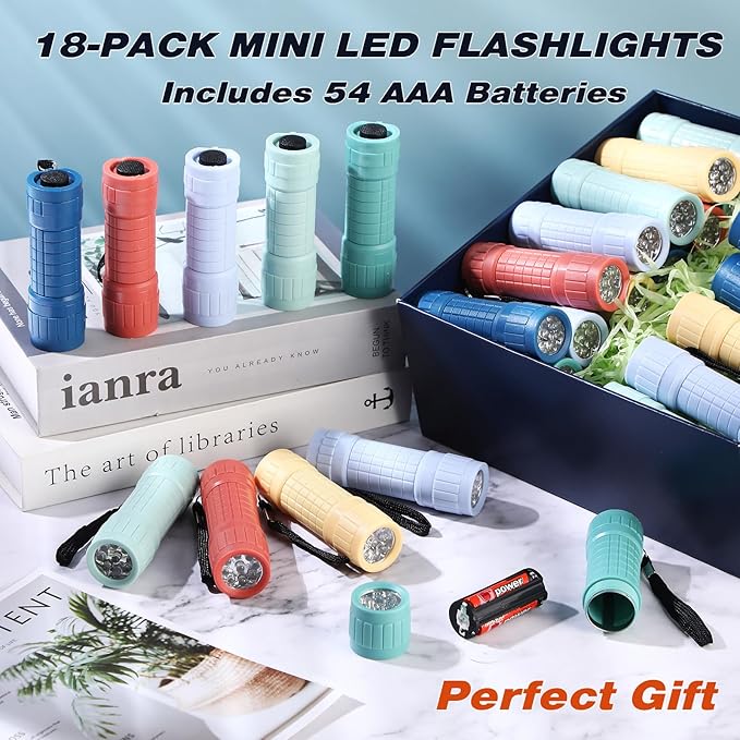 18 Pack 9 LED Flashlight Bulk Plastic Handheld Flashlight Kids Flashlight with Lanyard, Each with 3 AAA Batteries Included for Kids Night Reading Party Camping Emergency Hunting, 6 Color