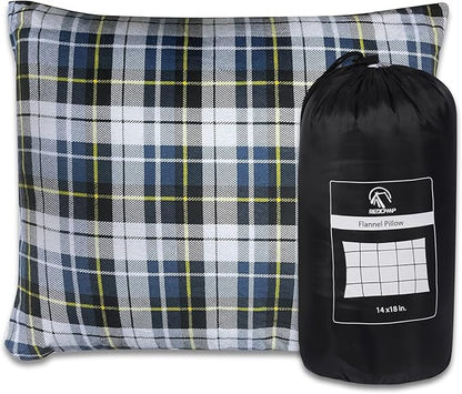 REDCAMP Small Camping Pillow Lightweight and Compressible, Flannel Travel Pillow with Removable Pillow Cover (Square Blue and Grey)