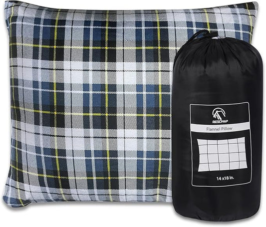 REDCAMP Small Camping Pillow Lightweight and Compressible, Flannel Travel Pillow with Removable Pillow Cover (Square Blue and Grey)