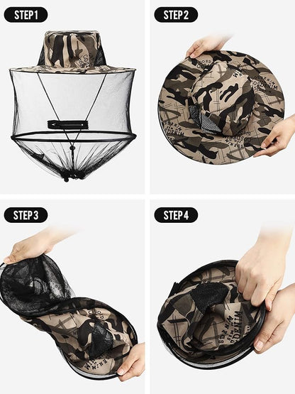 4 Pieces Mosquito Head Mesh Mosquito Cap Net Hat Face Cover with Zipper Foldable Fly Protection Netting Hat for Outdoor Fishing Hiking Gardening