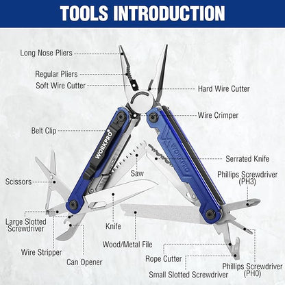 WORKPRO 18-in-1 Multi Tool Pliers, Stainless Steel EDC Multitool with Pocket Knife, 2 Safety Locks, Belt Clip and Oxford Pouch, Multipurpose Utility Multiuse Tool for Camping Outdoor Activities