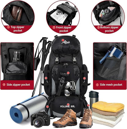90L Large Camping Hiking Backpack with Rain Cover, Waterproof Molle Rucksack Military Backpack (Black)