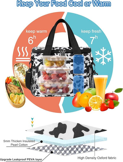 Femuar Lunch Bags for Women/Men, Insulated Lunch Bag for Work Office - Lunch Cooler Bag Leakproof Lunch Box with Adjustable Shoulder Strap - Cow print