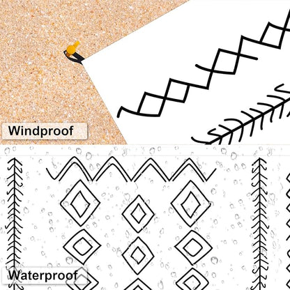 Hand-Drawn Diamonds Beach Blanket Waterproof Sandproof, Large 78''×86'' Compact Beach Mat for 1-4 Adults with Stakes & Sand Pocket, Lightweight Sand Free Picnic Mat Beach Essential