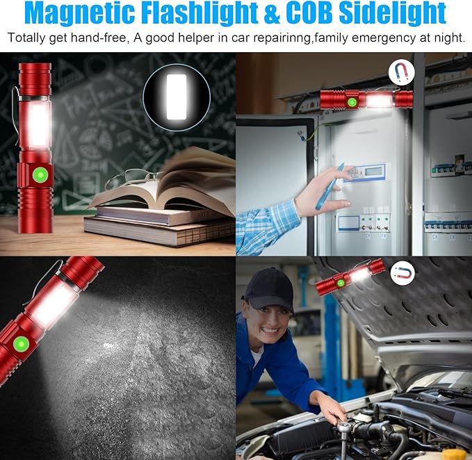 Flashlight USB Rechargeable, Magnetic LED Flashlight, Super Bright LED Tactical Flashlight with Cob Sidelight, 2000LM, Waterproof, Zoomable Best Small LED Flashlight for Camping, Emergency -Red