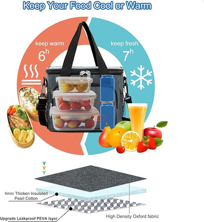 Femuar Lunch Bags for Women/Men, Insulated Lunch Bag for Work Office Picnic - Lunch Cooler Bag Leakproof Lunch Box with Adjustable Shoulder Strap - Charcoal