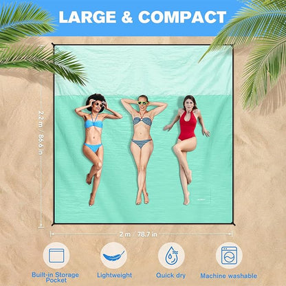 Beach Blanket Waterproof Sandproof Large Beach Mat 79" X 87", Quick Drying Durable Portable Lightweight Outdoor Nylon Picnic Blanket for Travel Camping Hiking, Green