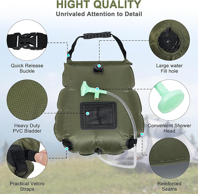 Solar Shower Bag 5 Gallon,Portable Green Camping Shower Bag, 1 Pack Camping Shower Kit with Hose, On-Off Switchable Head for Beach, Swimming, Travel, Hiking