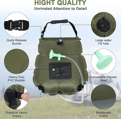 Solar Shower Bag 5 Gallon,Portable Green Camping Shower Bag, 1 Pack Camping Shower Kit with Hose, On-Off Switchable Head for Beach, Swimming, Travel, Hiking