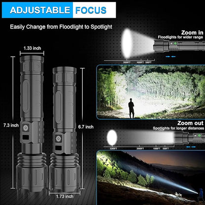 DanByte Rechargeable Flashlights 100000 High Lumens- 1500 Meters Long Beam LED Flash Light with Belt Holsters,Waterproof,Power Display,Zoomable,5 Modes Rechargeable Flashlight for Camping