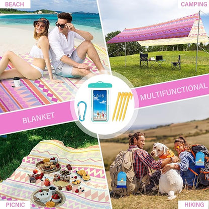 BYDOLL Beach Blanket Sandproof Waterproof 78''×81''1-4 Adults Boho Compact Lightweight Oversized Beach Blanket Large Picnic Mat Beach Blanket for Travel Camping Hiking Picnic