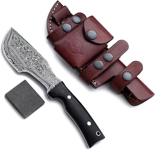 Handmade Damascus Steel Knife for Hunting, Survival, Camping, Bushcraft, Fishing, Fixed Blade, Tracker Knife with Full Tang Micarta Handle, Leather Sheath and Sharpening Stone - WKD-799