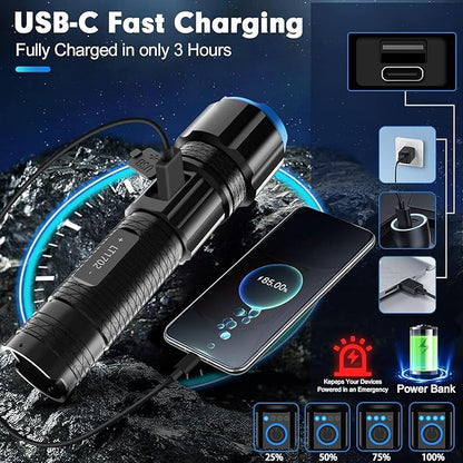 Rechargeable LED Flashlights High Lumens, 220000 Lumens Super Bright Flashlight with 5 Modes,IPX7 Watarproof, Powerful Handheld Flash Light for Home Camping Emergency(2 Pack)