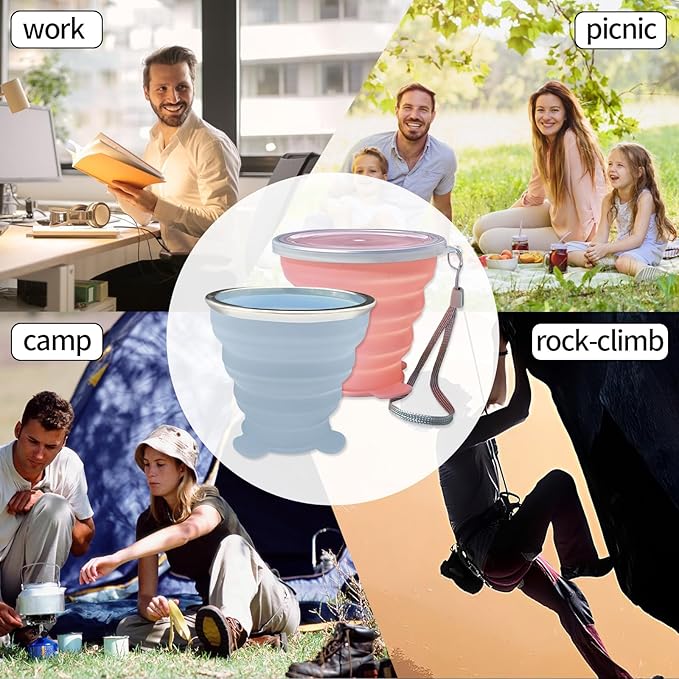 Collapsible Cup, Silicone Collapsible Travel Cup, Expandable Folding Camping Drinking Cup with Lids Reusable Small Portable Mugs Cup for Travel, Camping, Hiking,Outdoor Sports, Indoors